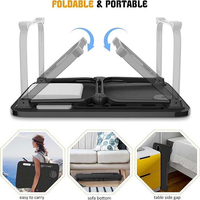 Fayquaze Laptop Bed Desk, Portable Foldable Laptop Bed Table with USB Charge Port Storage Drawer and Cup Holder, Lap Desk Notebook Stand Tray Table Serving Tray for Eating, Reading and Working
