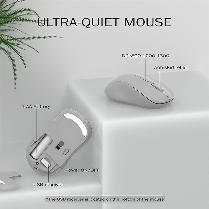 Wireless Keyboard and Mouse Combo, 110 Round Quiet Keys, Adjustable Optical Mouse, Share 1xUSB Receiver, Power Switch, for Windows Mac(Gray)