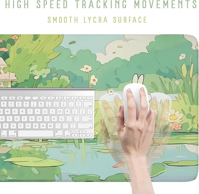 Cute Anime Bunny Forrest Green Mouse Pad Xl-31.5x15.7in-Desk Mousepad-Extended Aesthetic Keyboard Mouse Pad-for Desk Kid Girl with Stitched Edges Non-Slip Cozy Office Decor