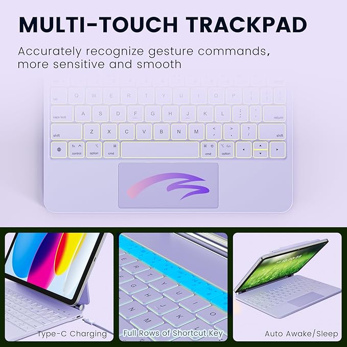 for iPad 11th(A16, 2025)/10th Generation Case with Keyboard, Magic Keyboard 2022, Springy Backlit Keys, Stain-Resistant Surface, Multi-Touch Trackpad,Purple