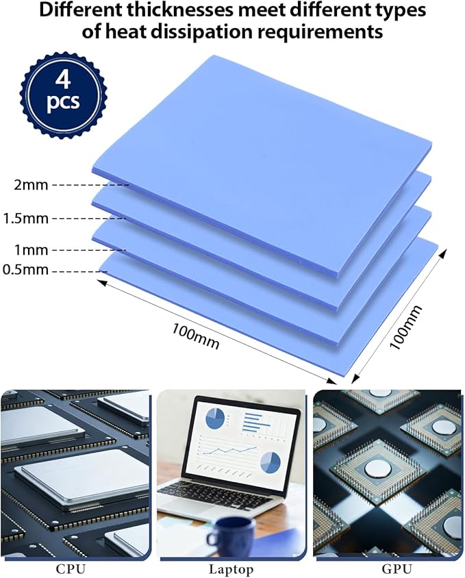 UCEC 4 Pack Thermal Pad 100x100mm (0.5mm 1.0mm 1.5mm 2.0mm) Blue Silicone Thermal Pads 6W/mK – High Conductivity Gpu & CPU Pad for Laptop Heatsink SSD IC Cooler