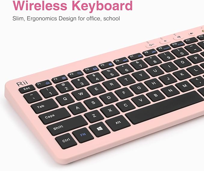 Rii RKM709 2.4 Gigahertz Ultra-Slim Wireless Keyboard and Mouse Combo, Multimedia Office Keyboard for PC, Laptop and Desktop,Business Office(Pink)
