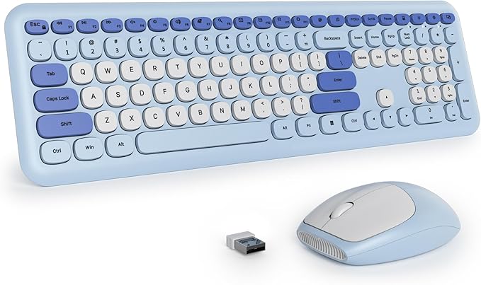 surmen Blue Keyboard and Mouse Wireless, Cute Wireless Typewriter, Full Size Slim Silent Keyboard Round Keys Aesthetic for Home and Office(Colorful Blue)