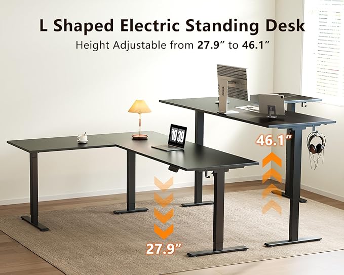 Casaottima 71 Inch Reversible Electric L Shaped Standing Desk, Height Adjustable Corner Stand up Desk, Ergonomic Large Lift Table for Home, Office, Workstation, Reception Room, Black
