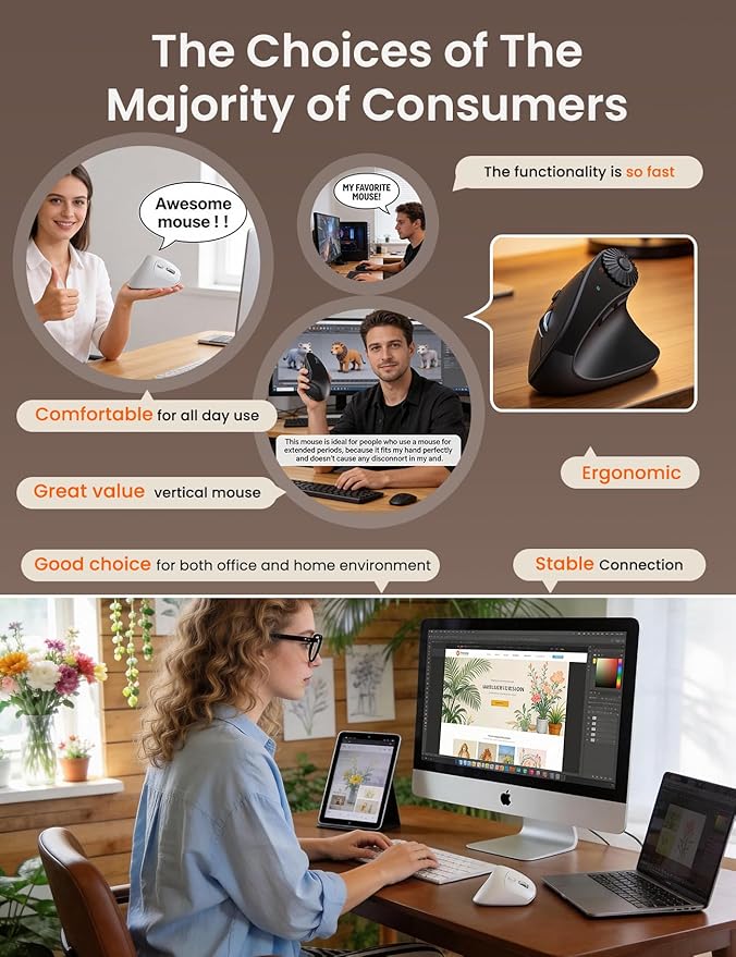 SABLUTE MAM51 Ergonomic Mouse Wireless with Side Scroll Wheel,Bluetooth Mouse with 4000 DPI,8 Buttons Office Wireless Computer Mouse,Small to Medium Sized Hands Vertical Mice for PC and Desktop-Black