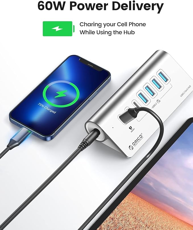 ORICO 7 Port USB Hub 10Gbps, Aluminum USB 3.2 Gen 2 Hub, 6 USB 3.2 Data Ports, 1 PD 60W Ports, 24V 3A Power Adapter, 3.28Ft A to C Cable, USB Data Hub for Laptop