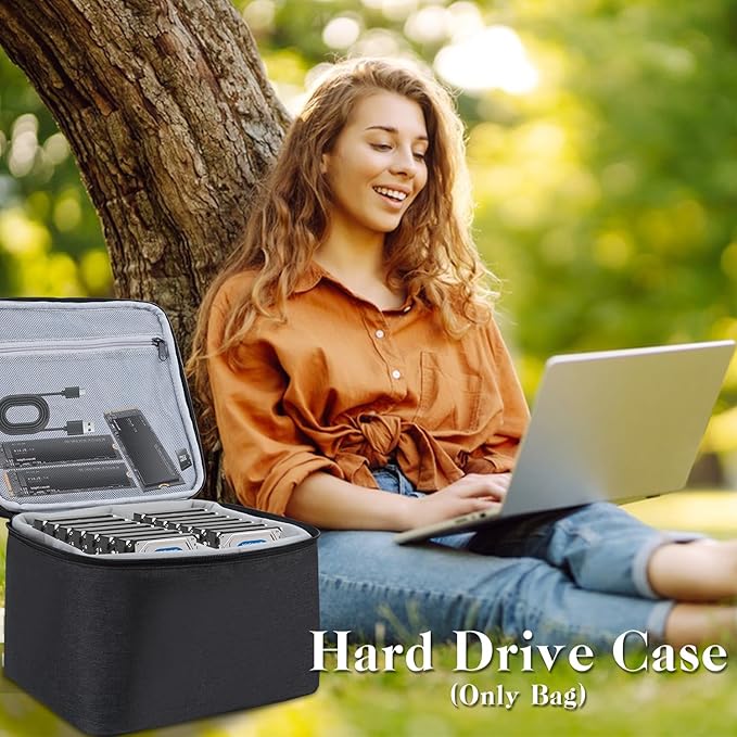 Hard Drive Case,14 -Bay Protective Storage Bag for 3.5" HDD, Large Capacity Storage Box with Lock,Portable External Hard Drive Carrying Case,Movable Grid and Shockproof(Bag only)