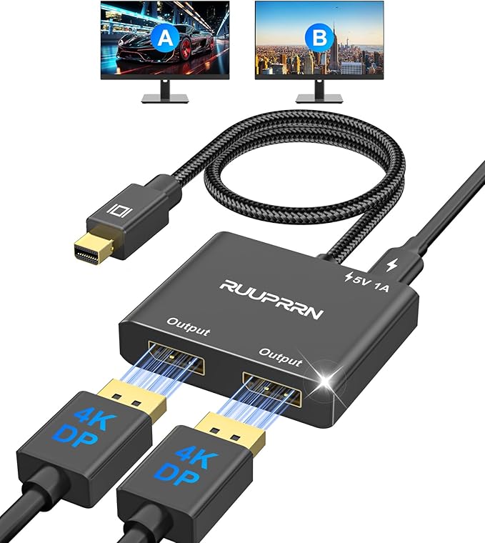 Mini DisplayPort to Dual DisplayPort Adapter,4K60Hz Thunderbolt 2 Male to 2 DP Female Splitter Extended Display Adapter, Mini DP 1.4 Spitter for MacBook Air/Pro,Mac mini,Surface Pro/Dock