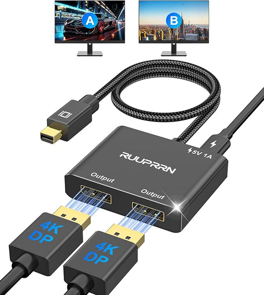 Mini DisplayPort to Dual DisplayPort Adapter,4K60Hz Thunderbolt 2 Male to 2 DP Female Splitter Extended Display Adapter, Mini DP 1.4 Spitter for MacBook Air/Pro,Mac mini,Surface Pro/Dock