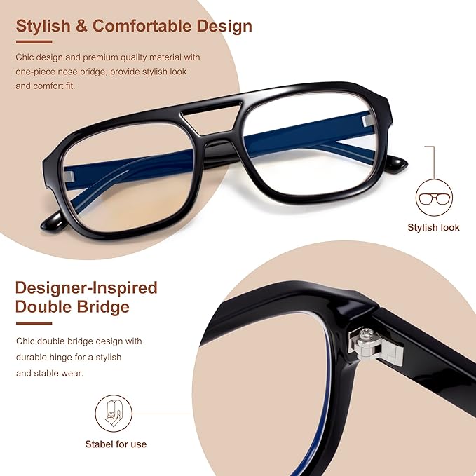 Madison Avenue Retro Aviator Blue Light Blocking Glasses for Women Men with Case, Trendy Rectangle Computer Eyeglasses
