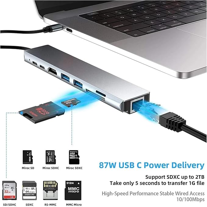 USB C Hub Adapter Laptop Docking Station 8 in 1 USBC Dongle to 4K HDMI,Ethernet,2 USB,Type-C,SD TF Card Reader,PD 100W Compatible with iPhone16/MacBook/Dell and Other Type C Laptops Device