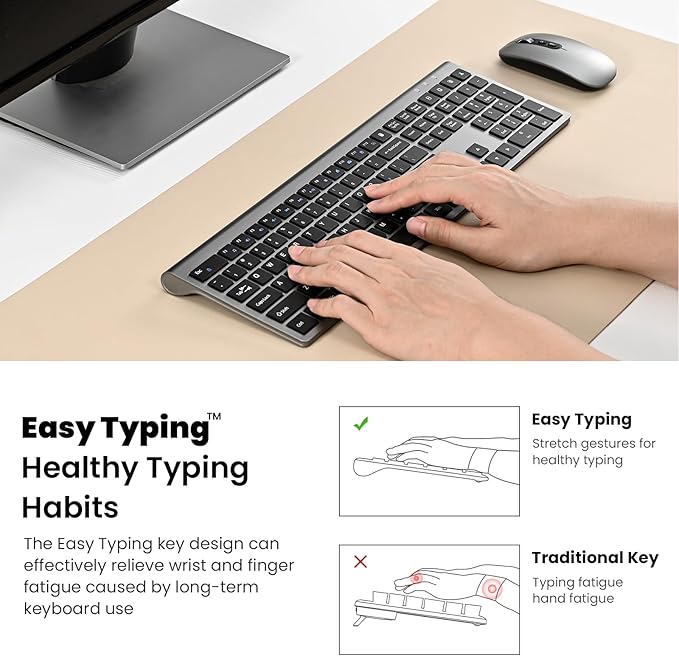 Rechargeable Wireless Keyboard and Mouse Combo, Full Size Silent Ergonomic Scissor Switch Keyboard and Optical Mouse Set, 2.4G Lag-Free Cordless Keyboard Mice for Computer,Mac,Laptop,PC,Windows-Grey