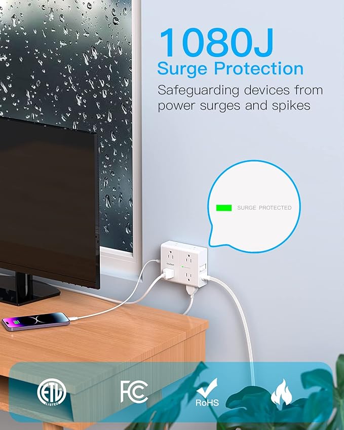 Surge Protector Power Strip 25 ft Cord, Flat Plug Extension Cord with 8 Outlets 4 USB Ports(2 USB C), 3 Side Wall Mount Outlet Extender, Long Extension Cord for Home Office Dorm Room Essentials