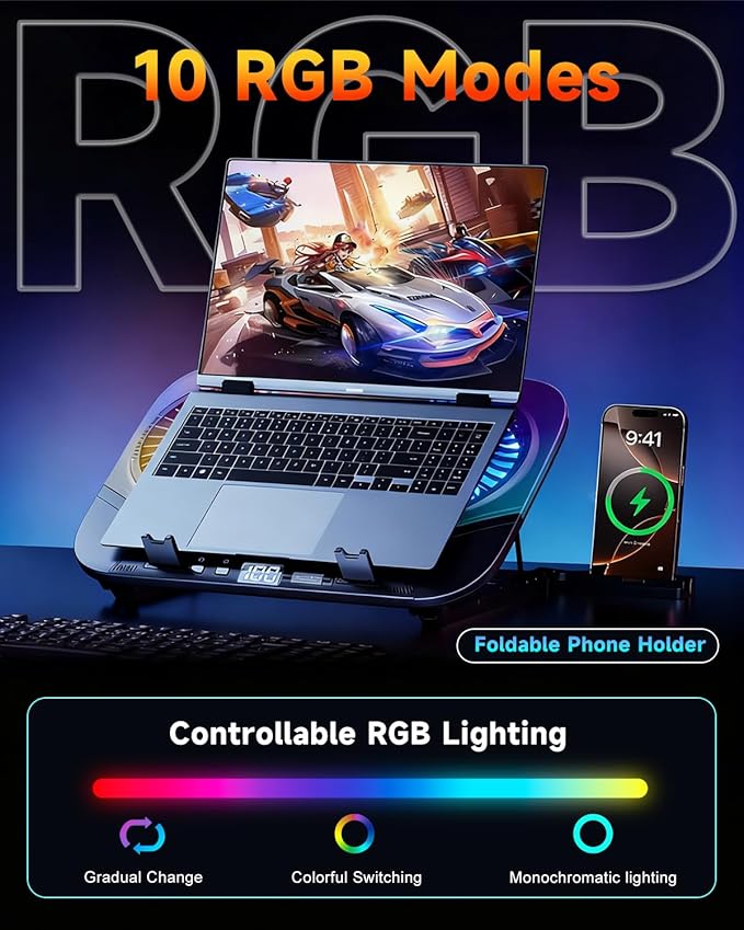 Upgraded Laptop Cooling Pad with Dual TEC Cooler, Gaming Laptop Cooler, 2 Powerful Turbo Fans, Fast Cooling Laptop 12-21in, 5 Height Stands, 100 Gear Speed Adjust, LCD Screen, RGB, Phone Holder