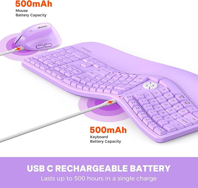 MEETION Ergonomic Keyboard and Mouse Combo, 2.4G Cordless Split Keyboard with Cushioned Palm Rest, Vertical Wireless Mousefor Windows/Mac Purple
