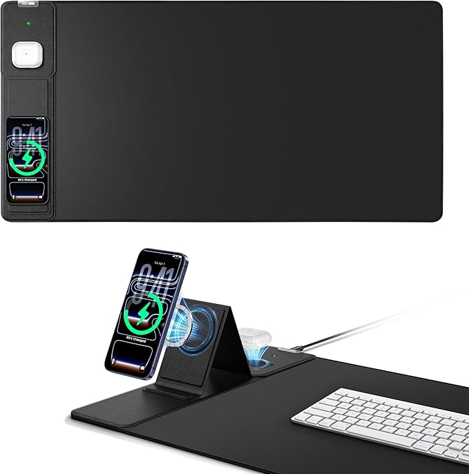 Mouse Pad with Magnetic Wireless Charging & Adjustable Phone Stand, 31.5"x15.8" Extended Desk Mat, Waterproof Ultra-Smooth Keyboard Pad, Non-Slip Base, Black