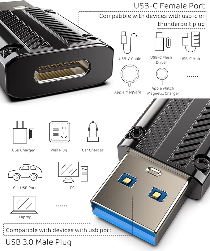 USB to USB C Adapter Pack-2,Type C Female to USB Male Converter Compatible with Apple MagSafe Watch 7/8/9/10/SE/Ultra, iPhone 16 15 14 13 12 Mini Pro Max,iPad,Galaxy Note,Google Pixel 9 8 7