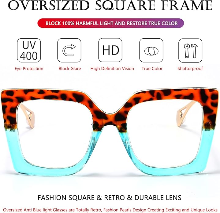 AIEYEZO Oversized Blue Light Glasses for Women, Anti Fatigue Prevent Headache Computer Eyeglasses