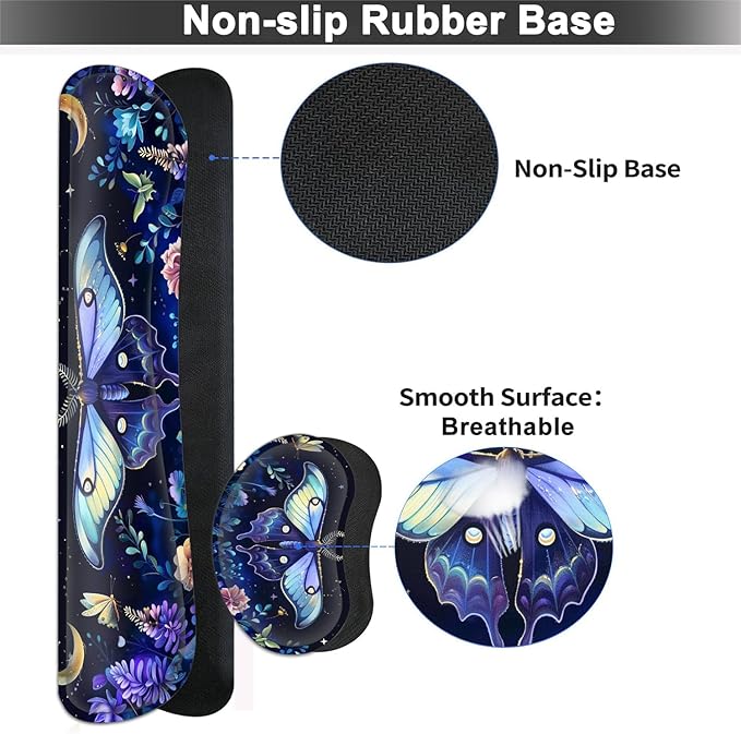 Large Mouse pad and Keyboard Support Set, Ergonomic Memory Foam Keyboard Wrist Rest, Extended Gaming Mouse Pad with Stitched Edges, Blue-Purple Moths and Moon Flowers XXL Desk Mat