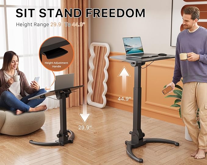 JOY worker Foldable Mobile Standing Desk, Height Adjustable Sit Stand Desk, 90° Tiltable Rolling Laptop Table, Portable Workstation with Non-Slip Mat for Home Office, Holds Up to 22lbs, Black