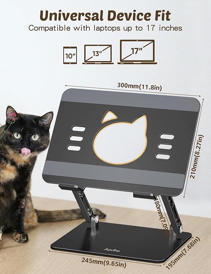 Laptop Stand for Desk – Adjustable Aluminum Laptop Riser with Unique Cat-Shaped Cooling Vent, Portable Desk Gift & Decor, Compatible with MacBook Air Pro, Dell, HP, Lenovo (10"-17.3"), Black