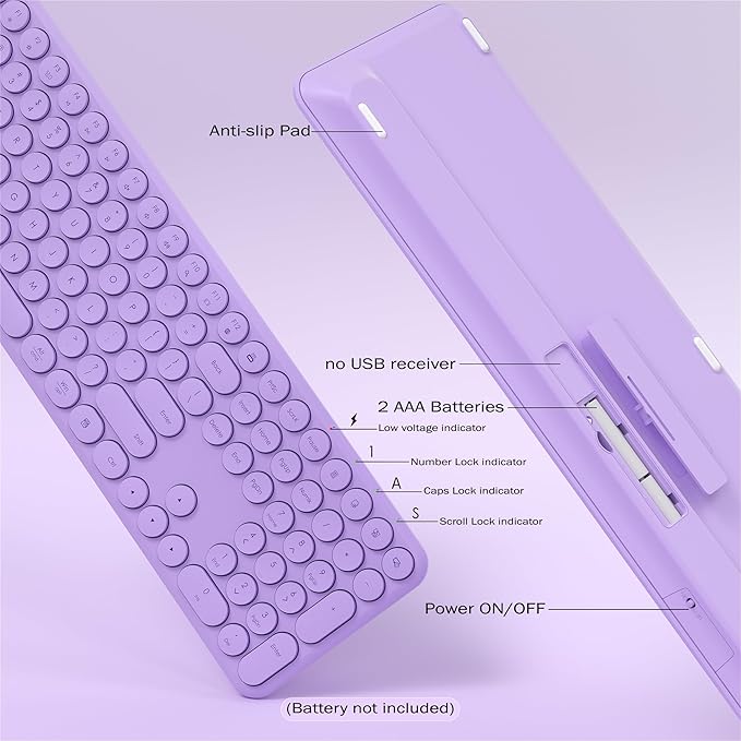 Wireless Keyboard and Mouse Combo, 110 Round Quiet Keys, Adjustable Optical Mouse, Share 1xUSB Receiver, Power Switch, for Windows Mac(Purple)
