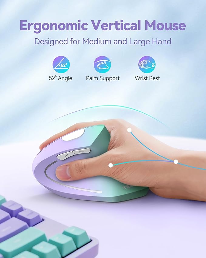 TECKNET 2.4G Ergonomic Mouse Vertical Wireless - 4800 DPI Optical Carpal Tunnel Mice Right Hand, 4800 DPI Adjustable, Quiet Clicks, 6 Buttons for Laptop, Desktop, PC, Computer - Green Purple