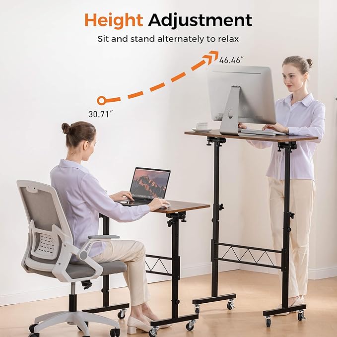 GTPLAYER Standing Desk Adjustable Height & Tiltable Tabletop, 32 Inch Portable Desk for Home Office Stand Up Work and Walking Pad Treadmill, Small Mobile Computer Table for Laptop, Brown