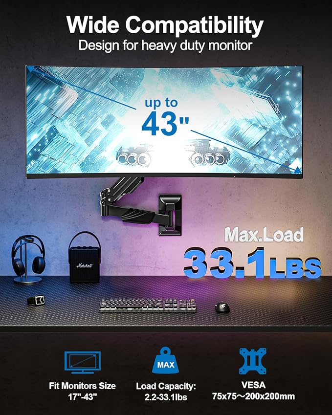 Monitor Wall Mount for Max 43", Premium Single Wall Monitor Mount Holds up to 33.1lbs Ultrawide Computer Screen, Height Adjustable Full Motion Gas Spring Vesa Wall Mount, Max 200x200mm