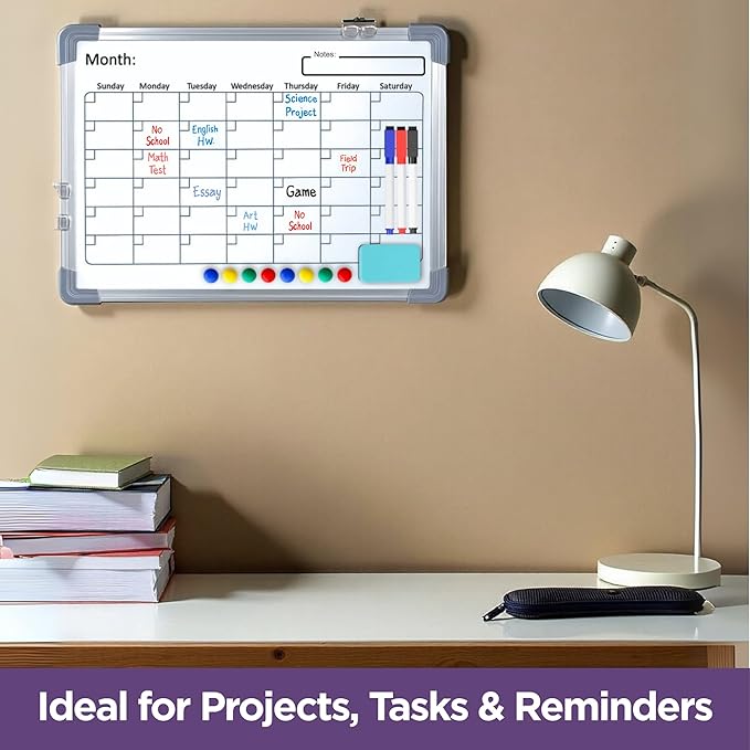 Large White Board Calendar Dry Erase Planner, Dual Side Magnetic Whiteboard for Fridge, Family Calendar Planning Boards w/Movable Hooks, Monthly Whiteboard with Lines, Memo, Pens & Eraser (16x12)
