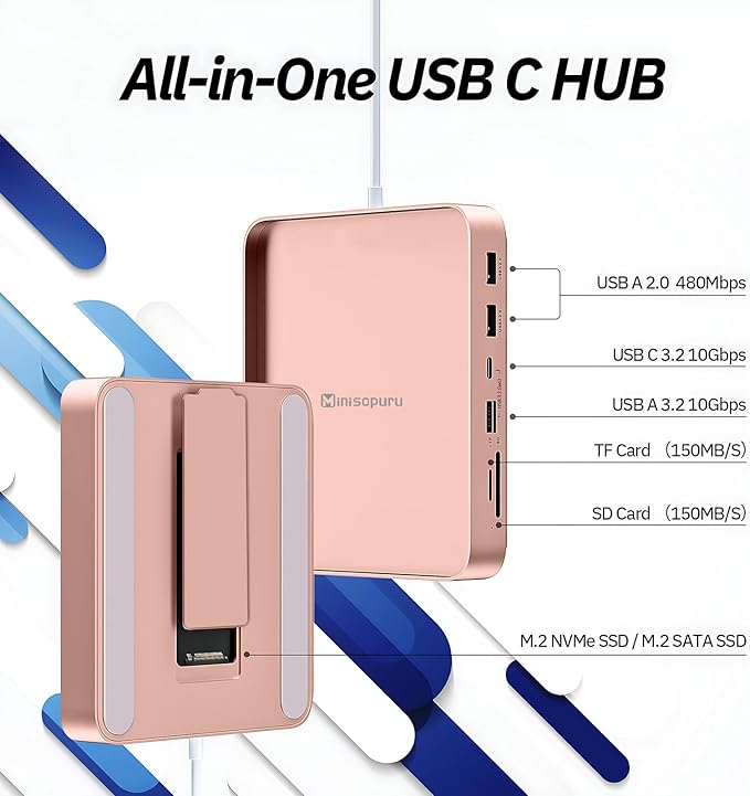USB C Hub for iMac 24 inch 2021/2023/2024, Minisopuru iMac Hub Support M.2 NVMe SSD, iMac Accessories for iMac M1/M3/M4, iMac Adapter with USB A/C 10Gbps, SD/TF, M.2 SSD (Not Included), Pink.