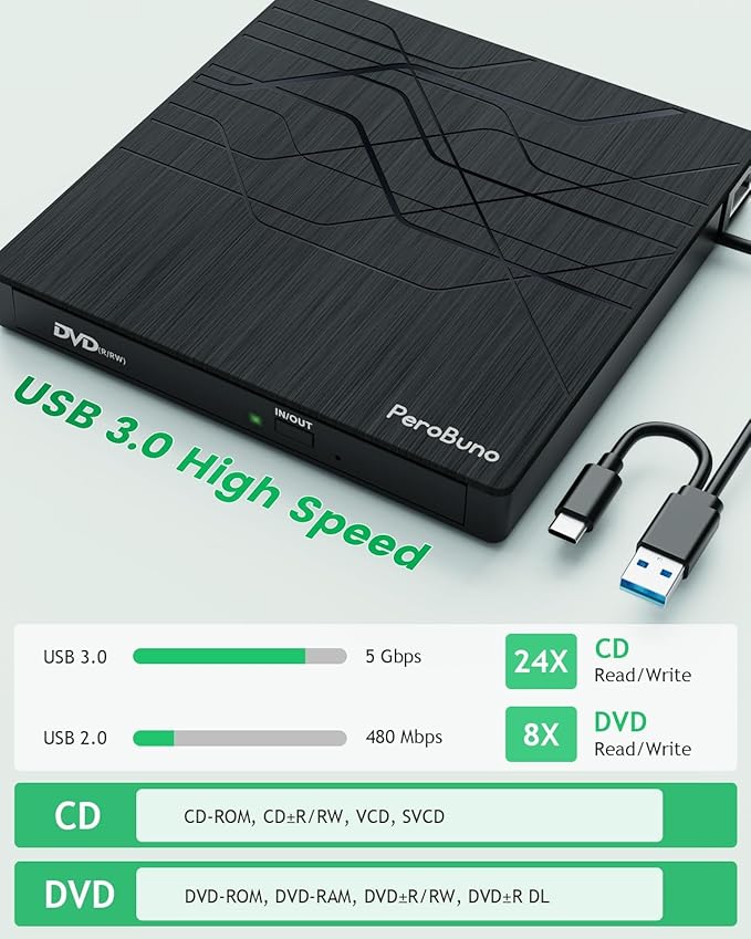 Super External CD DVD Drive, USB 3.0 DVD Burner with Ethernet Adapter, 3 USB and 2 TF/SD Card Ports, CD DVD Player Reader Writer Optical Disk Drive for Laptop MacBook PC Windows 11/10/8/7 Linux Mac OS