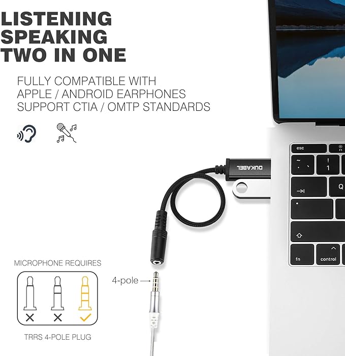 DUKABEL USB to 3.5mm Jack Audio Adapter, 45 inch TRRS USB-A to Headphone AUX Adapter Built-in Chip External Stereo Sound Card for Computer PS4 PS5 - Black