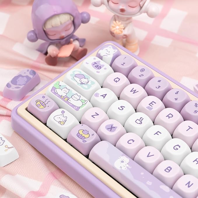 PBT Keycaps, MOA Profile Keycaps 132 Keys Dye Sublimation Purple Cute Cat Customized Keycap Set for ANSI Layout Cherry MX Switches Mechanical Keyboards