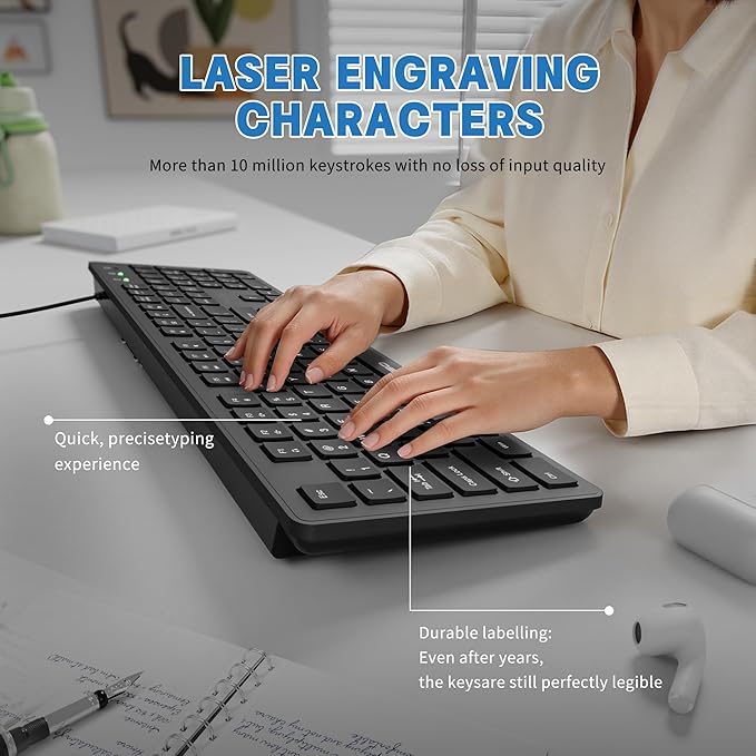 Fade-Proof Lettering Wired Keyboard Full Size - Black Office Keyboard With Laser Etched Keys, Integrated Bracket, Spill-Resistant Design 5.2ft Usb Cable For Windows - Ergonomic Typing For Home Office