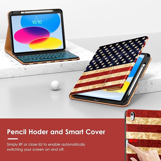 VIKESI Keyboard Case for iPad (A16,2025) 11th Generation/iPad 10th Generation Case (10.9" 2022),Premium Leather Smart Cover,Built-in Breathing Light,Function Row,Pencil Holder,Card Slots - US Flag