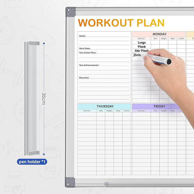 Fitness Tracker Magnetic Whiteboard Workout Plan Dry Erase Board for Wall 24'' x 18'',Hanging Mounted Weekly Fitness Tracker Gym Exercise Tracker Schedules and Checklists