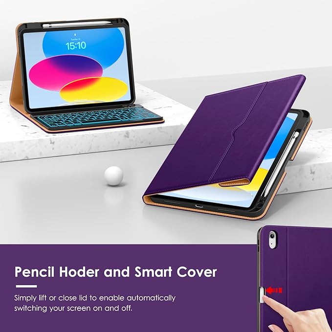 VIKESI Keyboard Case for iPad (A16,2025) 11th Generation/iPad 10th Generation Case (10.9" 2022),Premium Leather Smart Cover,Built-in Breathing Light,Function Row,Pencil Holder,Card Slots - Purple