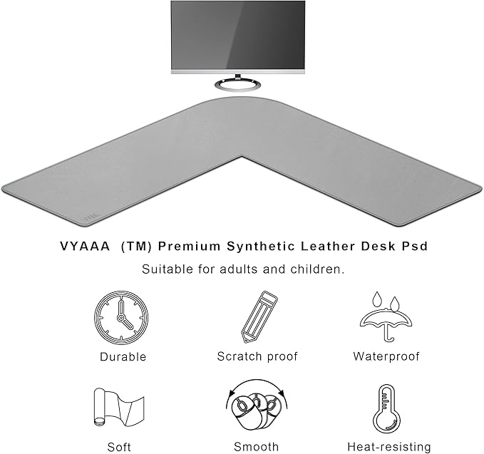 Vyaaa L-Shaped Leather Desk Pad Protector,Large Gaming Mouse Pad,Office and Home Desk Mat, 51 x 51 x 15.7 Inch, Light Gray