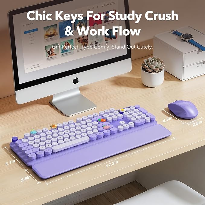 Wireless Keyboard and Mouse Combo, Round Keycaps, Full-Size Retro Typewriter Keyboard with Magnetic Wrist Rest, Sleep Mode & Tilt Legs, 2.4GHz Cordless Connection for Mac, Windows PC (Lilac Purple)