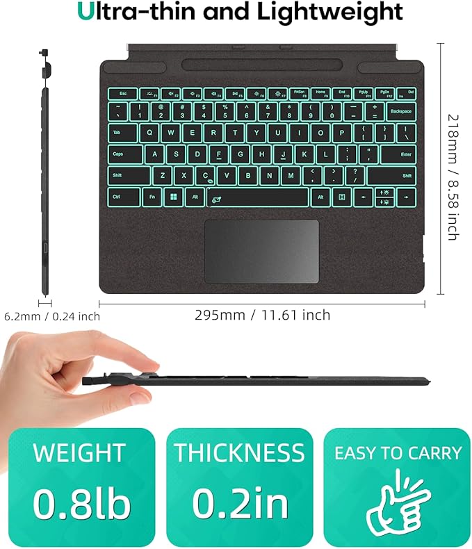 Surface Pro Keyboard for Microsoft Surface Pro 11/10/9/8/X 13", 7 Color Backlits Portable Type-Cover, Bluetooth Wireless Magnetic Ergonomic Ultra Slim Keyboard, Trackpad, USB-C Recharge, Pen Holder
