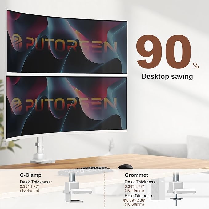Dual Monitor-Arm Heavy-Duty for 17-49-inch Screens - Vertical Stacked Dual Monitor Mount Stand for Ultrawide Screens up to 44lbs, Aluminum,Full Motion, VESA 75/100 mm, White