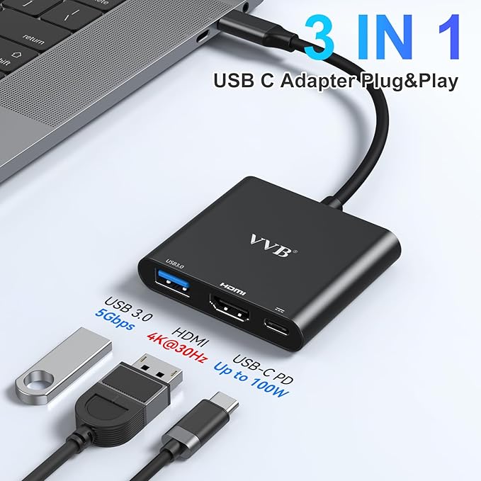 USB C to HDMI Adapter,USB-C Adapter Hub with 4K HDMI,USB3.0,Type C PD Charge Port 4K Multiport Digital AV Converter for iPad Pro/air,MacBook Pro/air,Tablet,Switch and More USBC Device