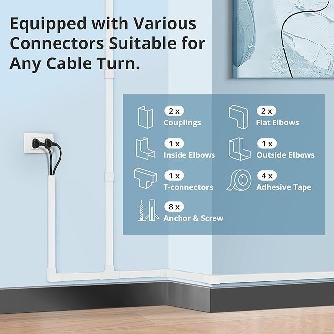 Cord Covers for Wires on Wall Extra-Long, 13.12ft TV Cord Hider Kit, Paintable Cable Management Concealer, TV Wire Hider for Wall, White Cable Raceway Channel, 4 x L39in x W0.95in x H0.55in