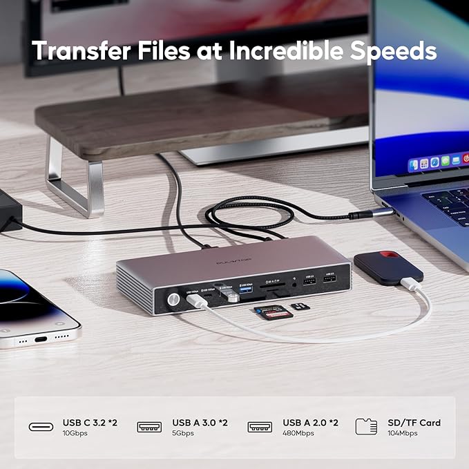 Displaylink Docking Station, USB C Docking Station Dual Displays for MacBook M1/M2/M3/M4 Windows, 4K@60Hz Displaylink Dock with 2 HDMI, 2 Display Port, 2USB C Data, 6 USBA, Ethernet, Audio