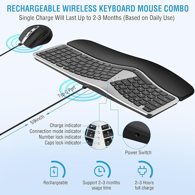 Ergonomic Wireless Keyboard Mouse Combo, EDJO Bluetooth/2.4G Dual Channel, Split Design, Soft Foam Palm Rest, 4 Level DPI Adjustable Wireless Mouse, Rechargeable, for Windows/Mac/Android(Sliver)