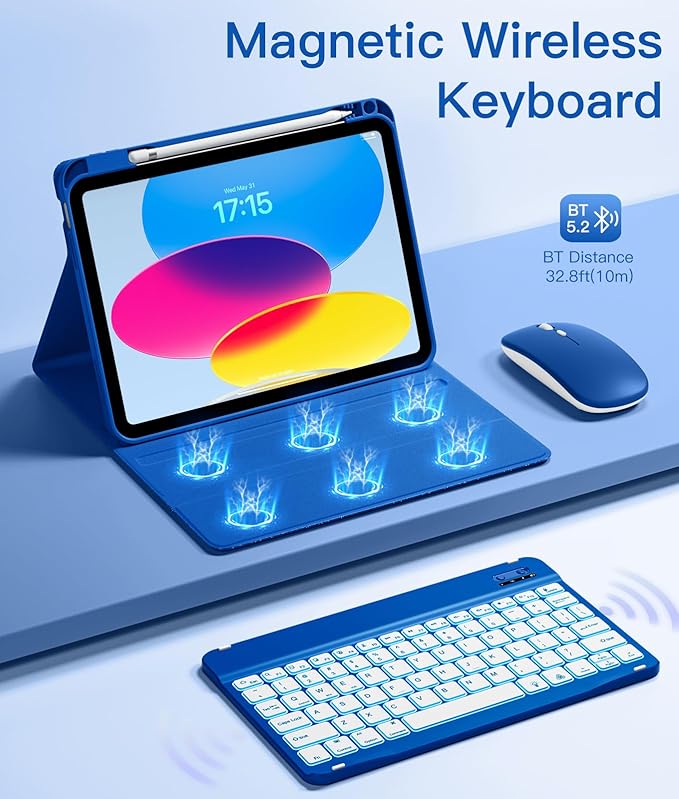 Hamile for iPad A16 Case with Keyboard - Mouse Backlit Wireless Detachable Keyboard Glitter Folio Cover with Pencil Holder for iPad 11th Gen A16 11-inch 2025 10th Generation 10.9 Inch 2022 - Blue