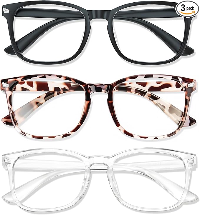 Blue Light Glasses for Woman Men | 99% Blue Light Blocking Glasses for Computer Gaming TV Phone Screen Square Frame | Anti Eyestrain & UV Glare Protection - 3 Pair