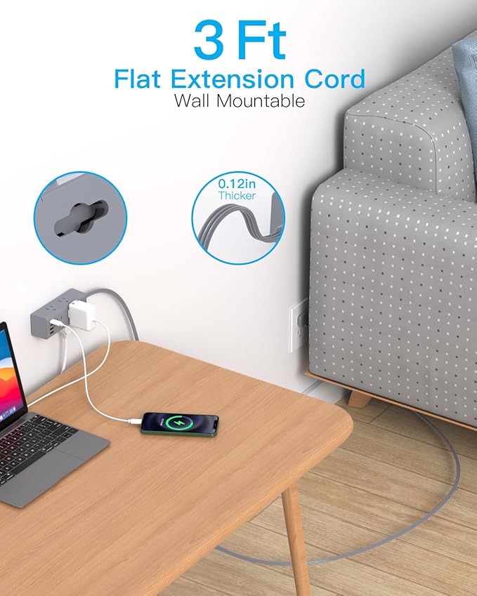 3Ft Extension Cord with Multiple Outlets, Flat Plug Power Strip Surge Protector with 1 Ft Cord, 6 Outlet 3 USB Ports (1 USB C), Multi Outlet Wall Plug for Travel, Dorm Room Essentials-Grey