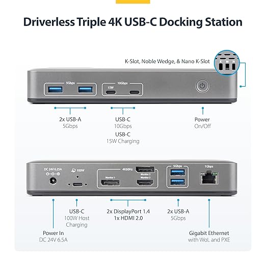StarTech.com USB-C Docking Station Triple 4K 60Hz Displays, 100W Power Delivery, 6 USB Ports (10Gbps), Gigabit Ethernet, DisplayPort + HDMI, Driverless Windows Laptop Dock (199N-USBC-DOCK)